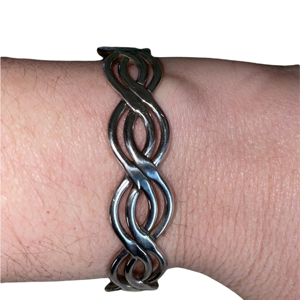 Modernist Sterling Silver Cuff Bracelet, 925 Mexican Woven Curvy Cuff - Picture 6 of 8